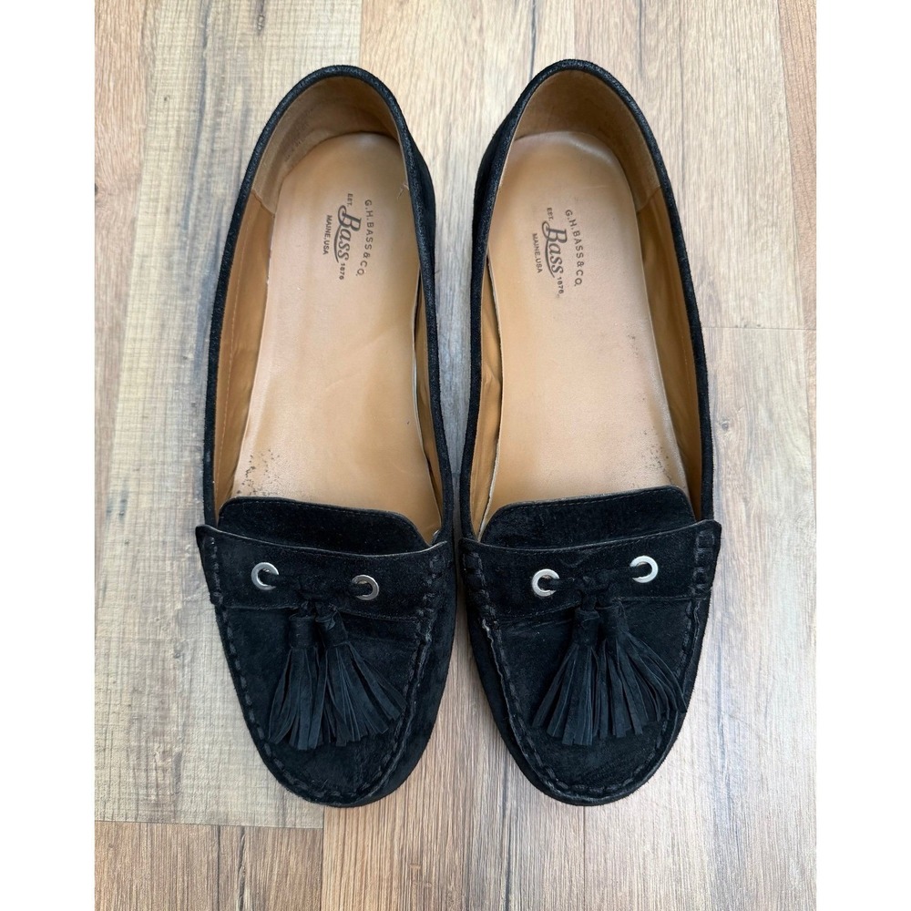 G.H. Bass Tassel Loafers Black Suede Leather Slip On Women 8.5M